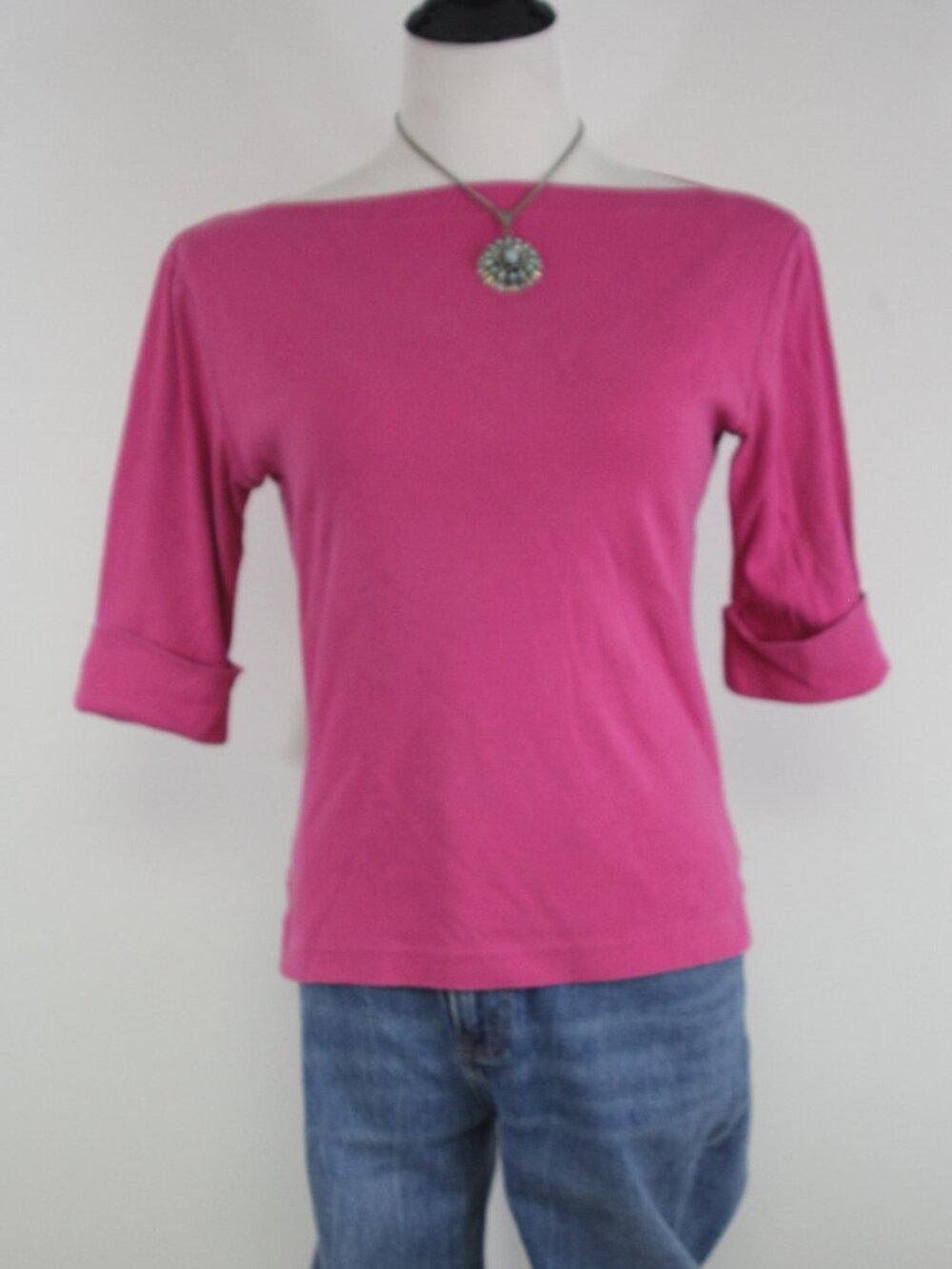 Ann Taylor Pink Boat Neck Cotton Tee M 3/4 Sleeve Rolled Cuff Coastal Preppy